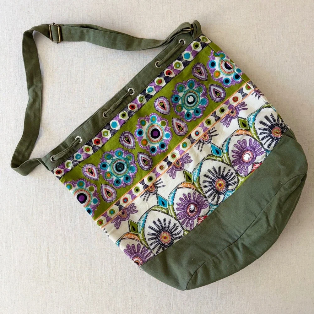 Boho Green Cotton Canvas Embroidered‎ Floral Mirror Sequin Tote Bag Crossbody